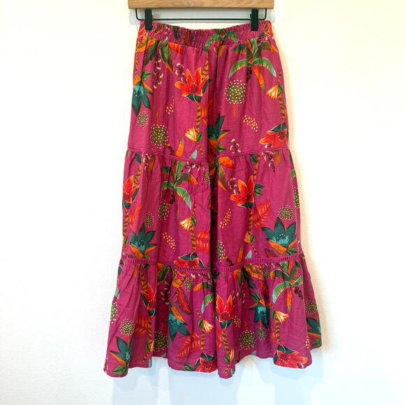 Rachel Roy Pink Floral Tropical Linen Blend Tiered Maxi Skirt Medium - Picture 1 of 10